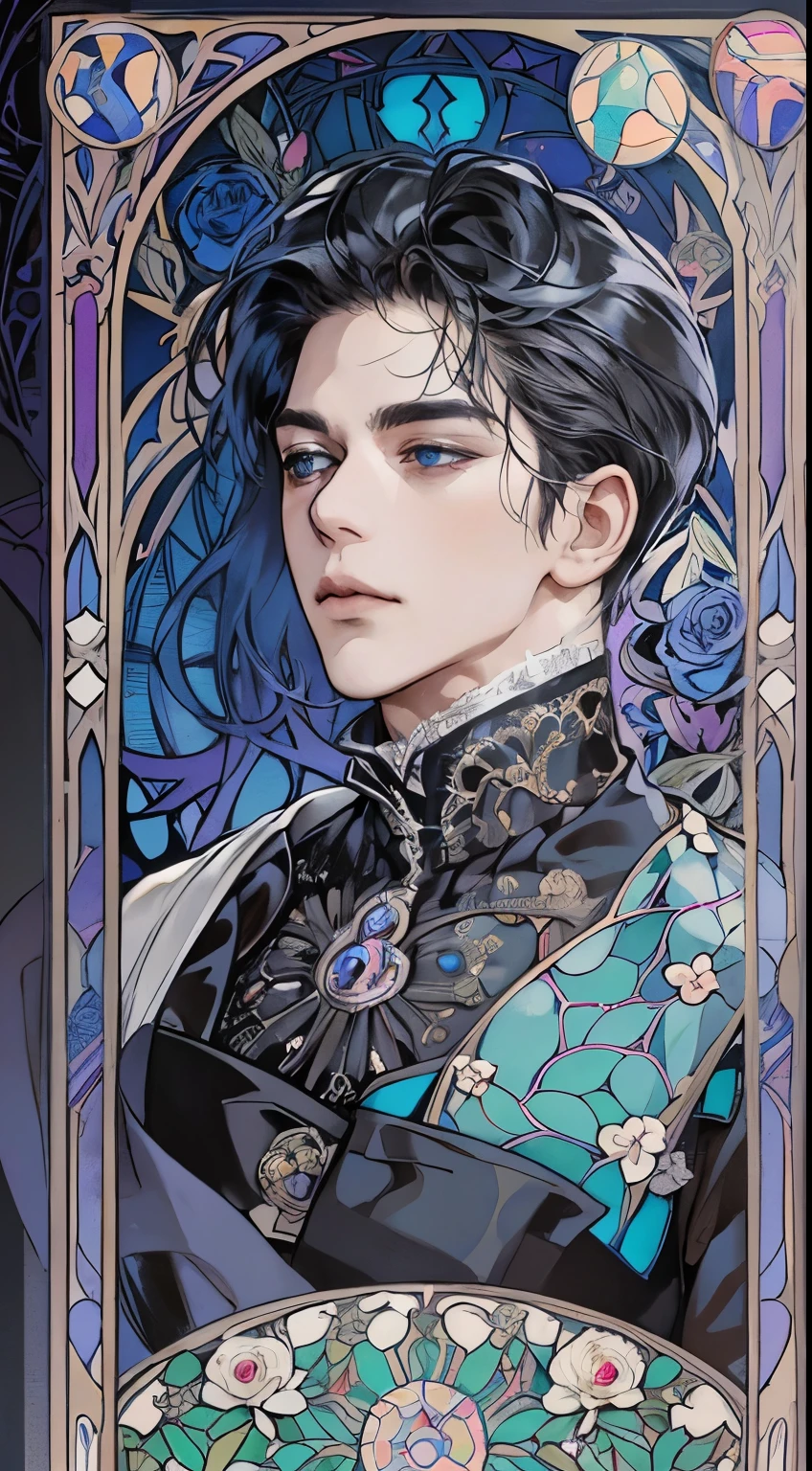 man, basic Art Nouveau, (((man))), A Vampire man tarot card with, man, perfect face, young, (((oval face))), dark clothes, soft and melancholic facial features, delicated, no wrinkles, gothic style, perfect detailed eyes and face, black hair and blue eyes vampire man, synthwave and Art Nouveau hybrid style, bold and flowing lines, dynamic composition mixing organic Art Nouveau patterns, intricate roses and motifs intertwined with geometric shapes, figure embodying The Vampire with an air of mystique and gothic, commanding yet serene expression, robes adorned with Art Nouveau inspired patterns, digital grid landscapes accented with natural forms, neon-like outline effects reminiscent of stained glass, white background, high contrast for easy coloring, visual clarity, French Art Nouveau, 80's Vaporwave art style. minimalist detail,