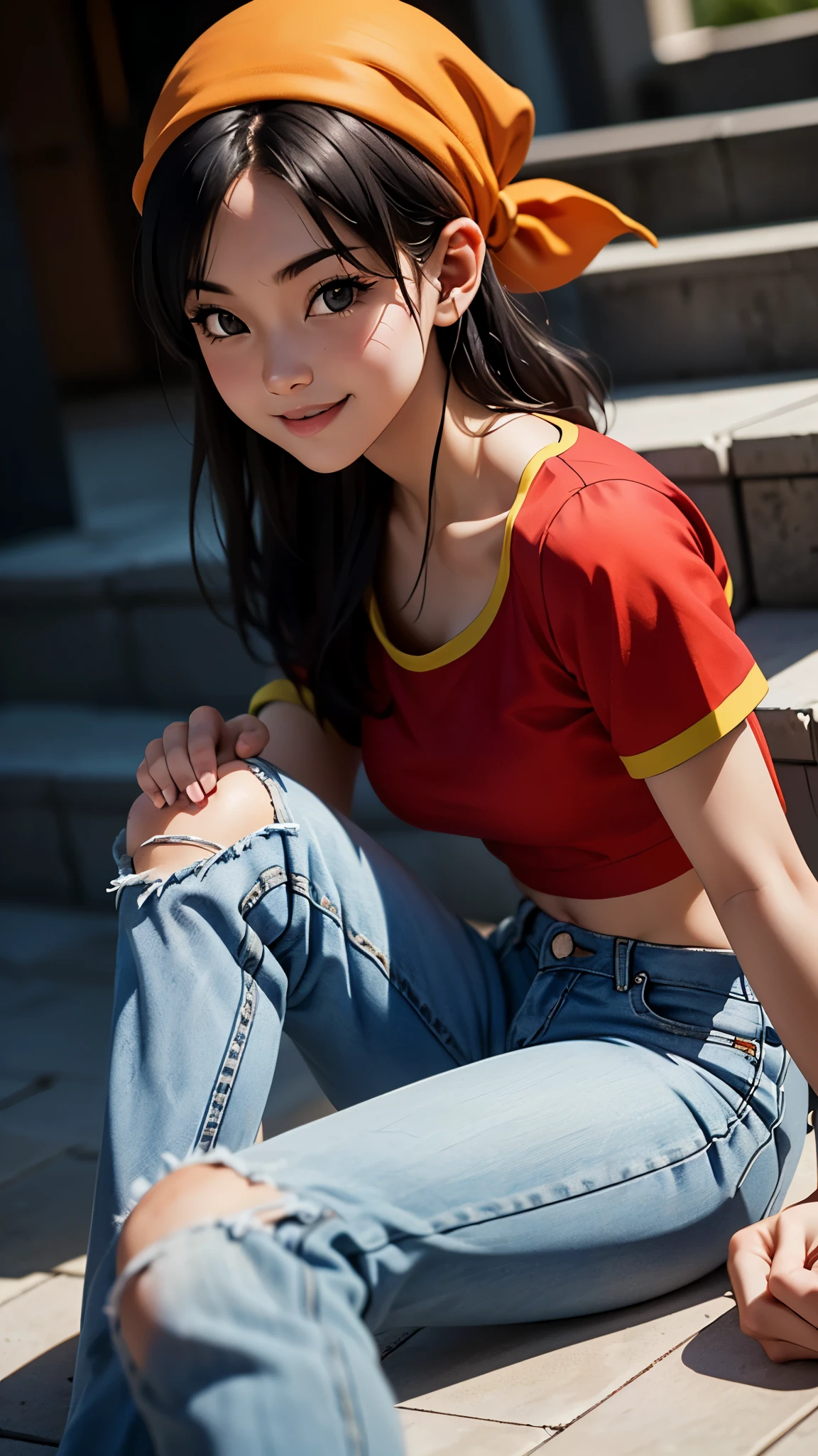 Pan, 1girl, solo, smile, red shirt, jeans, bandana, black Hair, sitting,, (acclaimed, alluring, captivating, exciting, gorgeous, striking:1.3), (trending on CGSociety, trending on pixiv, contest winner:1.3)