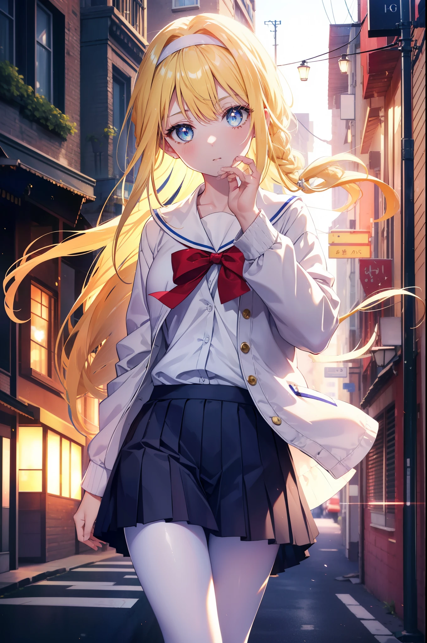 allisburg, Alice Zuberg, bangs, blue eyes, blonde hair, hair between eyes, very long hair, hair band, white hair band,White Y-shirt,Red cardigan,yellow blazer,black pleated skirt,white pantyhose,brown loafers,morning,morning日,the sun is rising,toast in your mouth, running, シティストリート
break outside, residential street,In town,
break looking at viewer, (cowboy shot:1.5),
break (masterpiece:1.2), highest quality, High resolution, unity 8k wallpaper, (figure:0.8), (detailed and beautiful eyes:1.6), highly detailed face, perfect lighting, Very detailed CG, (perfect hands, perfect anatomy),