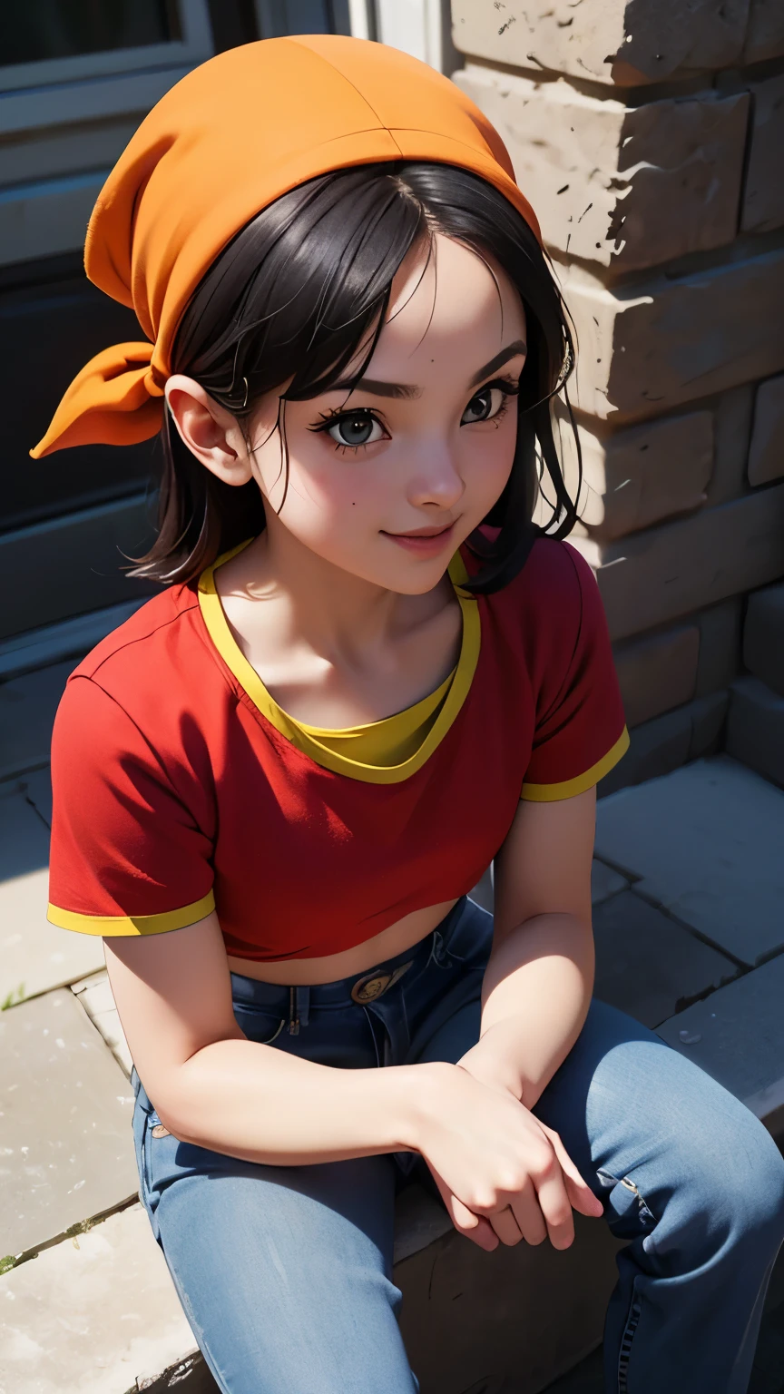 Pfanne, 1 Mädchen, Allein, lächeln, rotes Shirt, Jeans, Bandana, schwarzes Haar, Sitzung,, (gefeiert, Verlockend, Fesselnd, spannend, wunderschön, auffällig:1.3), (Trends bei cgsociety, Trends auf Pixiv, Gewinner des Wettbewerbs:1.3)