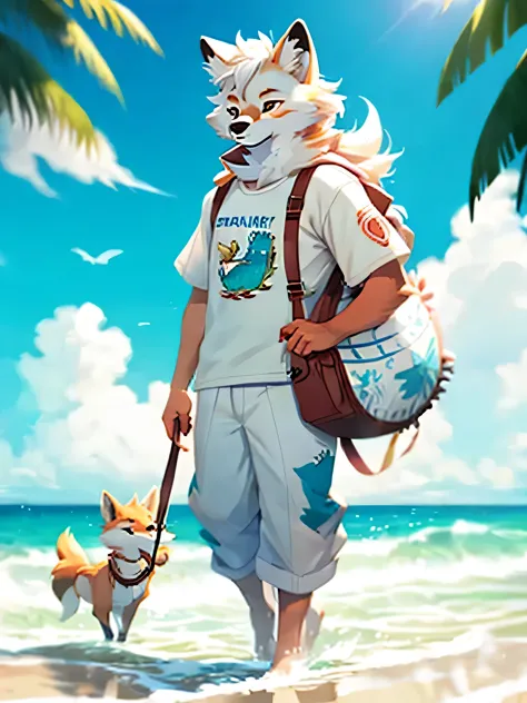 maned wolf character, 𝘌𝘶𝘥𝘰𝘤𝘪𝘮𝘶𝘴 𝘳𝘶𝘣𝘦𝘳, cores mareom com branco,vestindo chinelos e bermuda, camiseta regata, segurando vara de p...