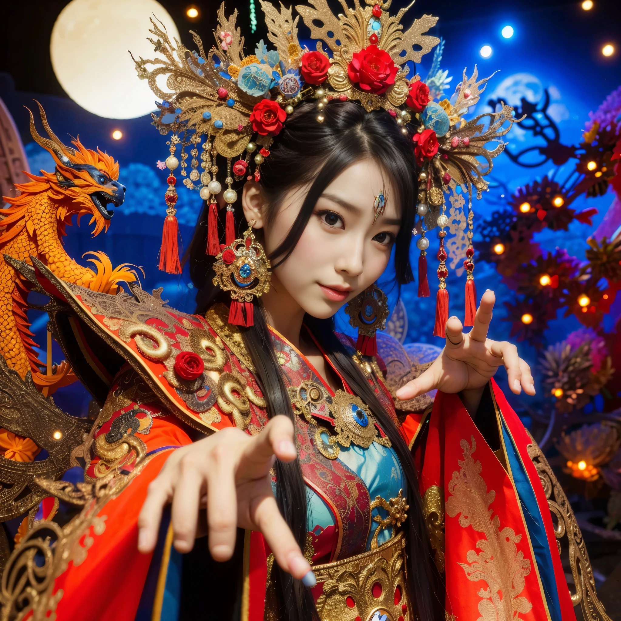 Close-up of a woman wearing a costume with a dragon on her head looking at the viewer, Inspired by Li Miki, Inspired by Run In, beautiful fantasy empress, gorgeous cosplay, Inspired by Poofa, palace ， girl in hanfu, chinese costume, trending on cgstation, chinese fantasy, ((beautiful fantasy empress)), Genshin Impact&#39;s discontinuation