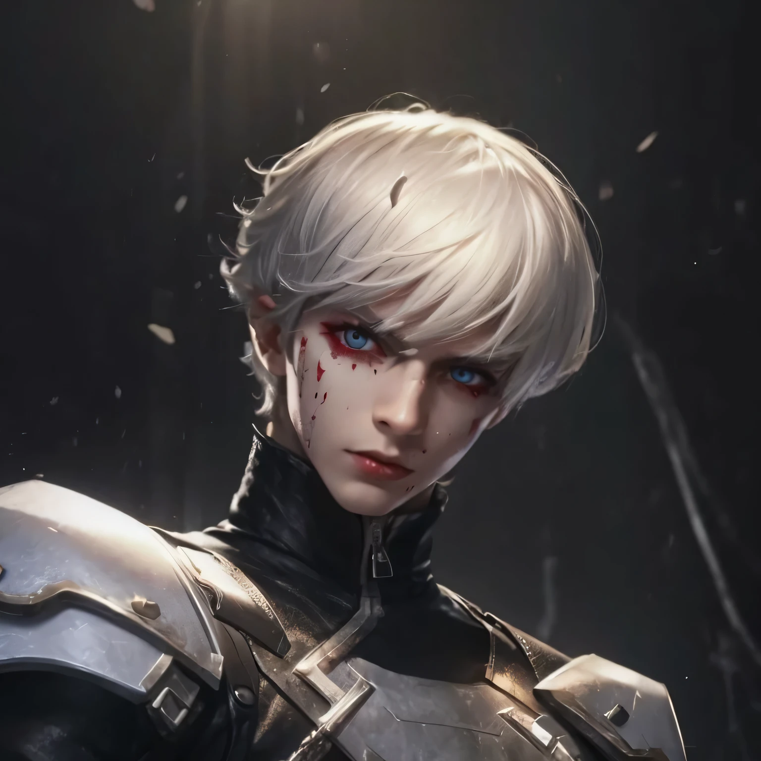 White hair, silver eye, little blood splash on face