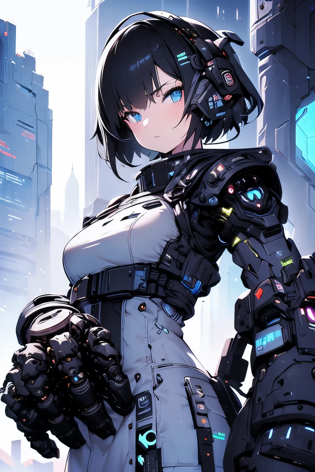 Ultra detailed,  girl serious face,  Robotic Hands , fully robotic  , soldier girl. Cyberpunk  , leds . Hands mechanical. 