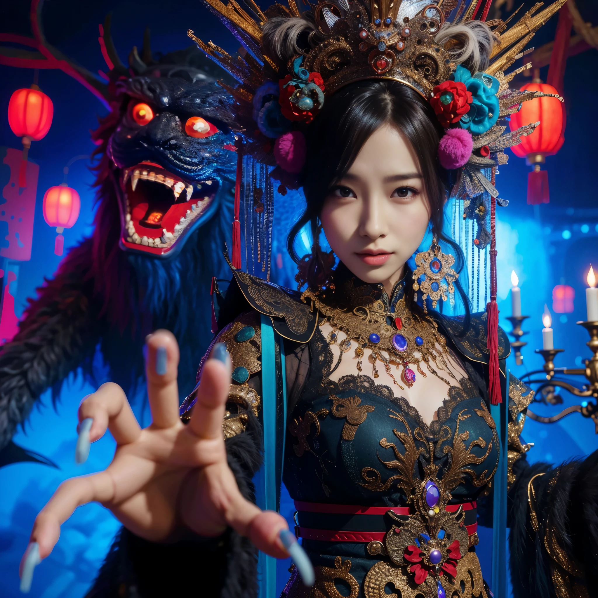 Arafe woman wearing a dragon headdress and costume with raised hands, gorgeous cosplay, cgsociety と fenghua zhong, chinese fantasy, Luan Jia and Artgerm, Inspired by Li Miki, [ Trending on CGsociety ]!!, cyberpunk chinese ancient castle, CGsociety trends, Inspired by Run In