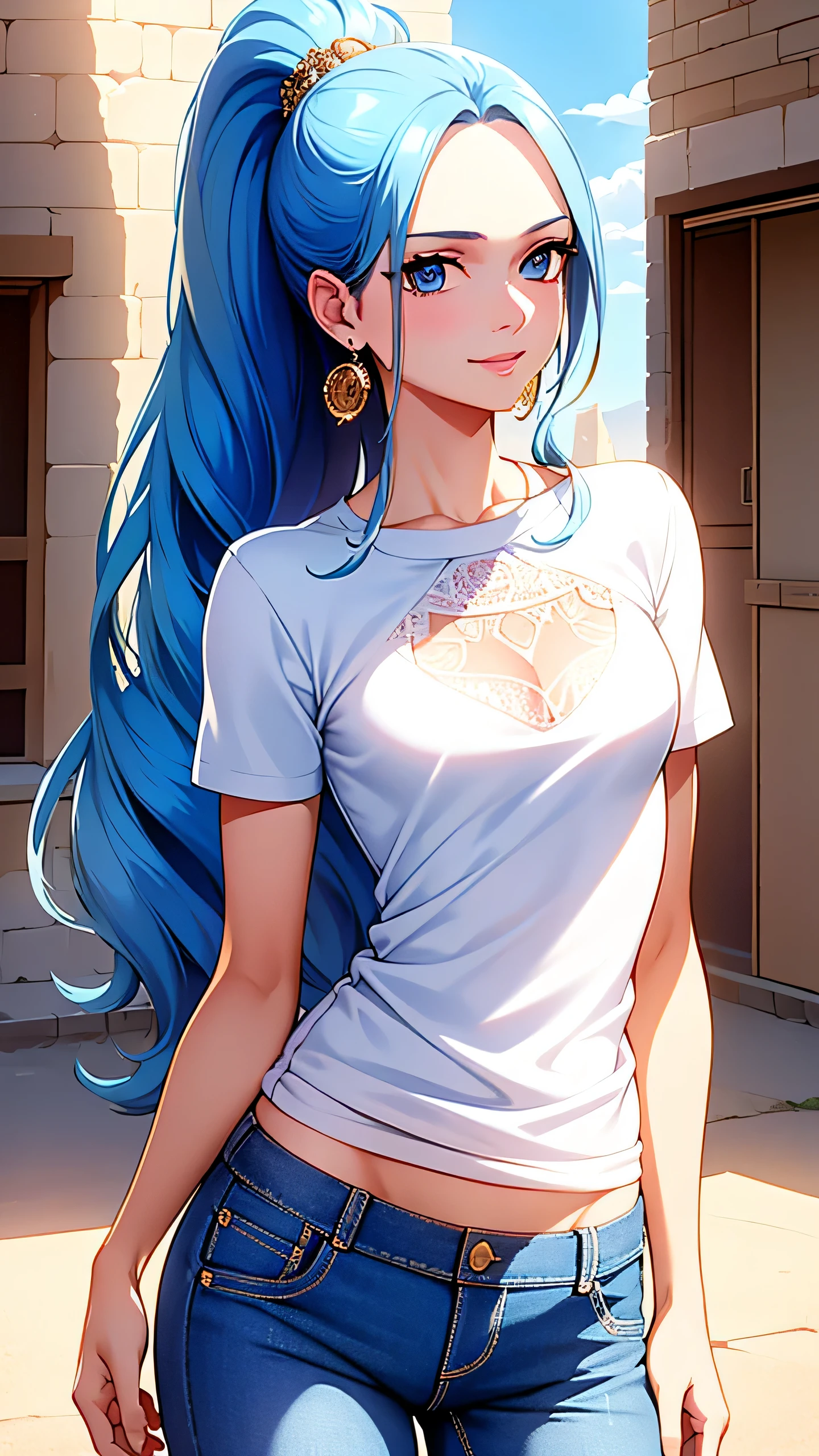 ultra realistic 8k cg, masterpiece, ((ultra detailed background, delicate pattern, intricate detail)), (highly detailed, fine details), best quality, 1girl, (photorealistic:1.4),beautiful lighting, absurdres, RAW photo, film grain, ((medium breasts, slim girl)), Vivi, 1girl, long hair, blue hair, solo, smile, earrings, ((small breasts, slim girl)), jeans, ((t-shirt, round neck)), ponytail, hair ornament, sky, blue eyes, cowboy shot, (complex detailed background, outside, sunny, desert town environment, buildings, town, market, hair lift, cowboy shot),