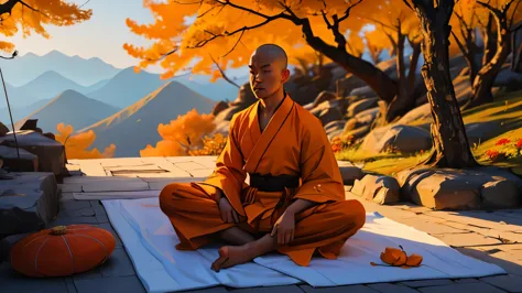 photo of a shaolin monk meditating in the Chinese mountains, the monk is wearing a traditional orange shaolin robe, he is medita...