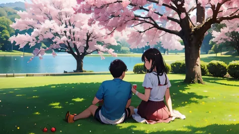 image angle from far away, um lindo casal, a mulher encostada no ombro do homem, sitting under a cherry tree, perto de um lindo ...