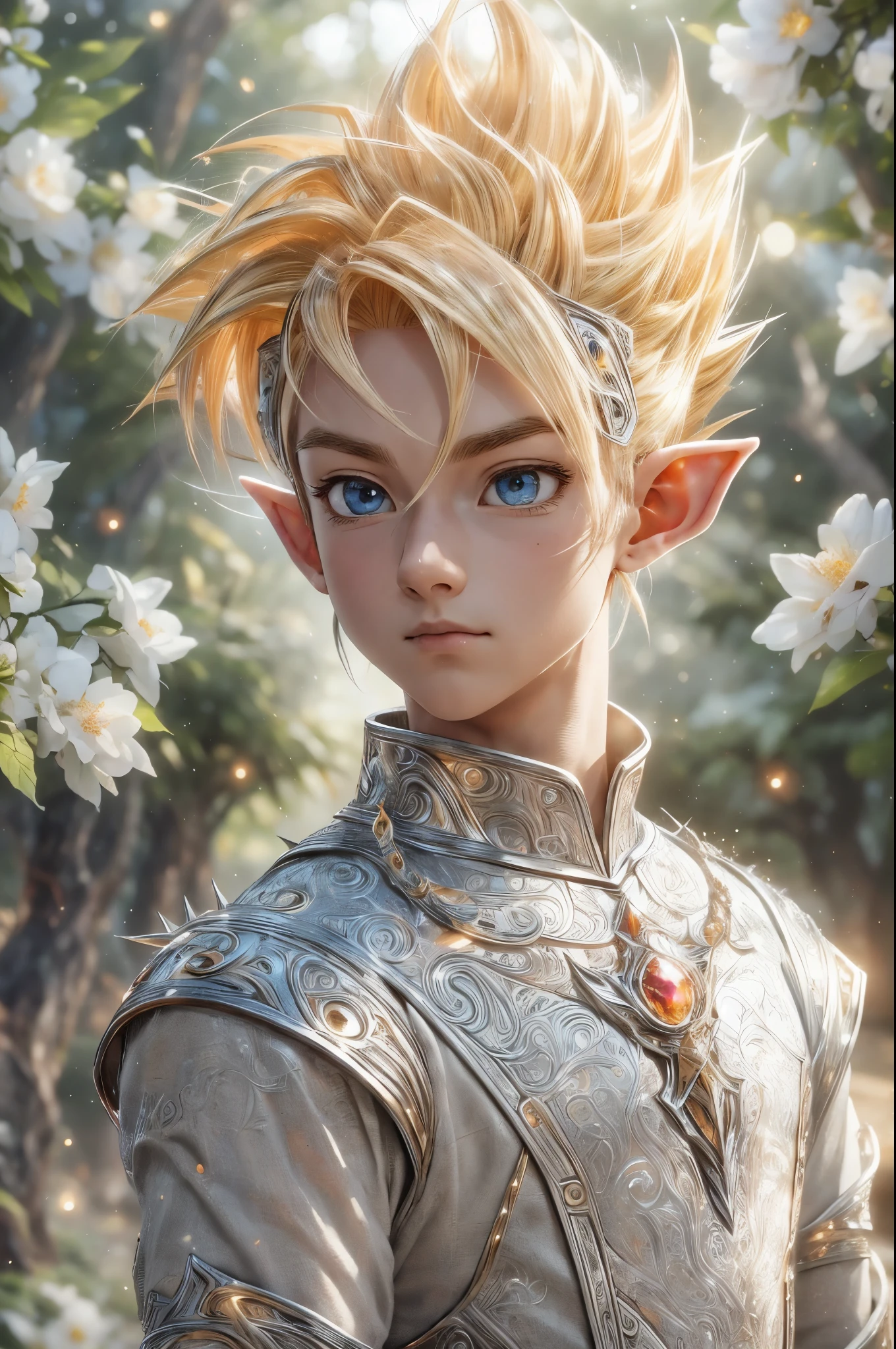 (master piece), 8k, best quality, panoramic view, full body, elf boy, childlike appearance, male, teenager, 14 years old, 1.70 meters tall, white skin, thin body, pointed elf ears, beautiful finely detailed silver eyes, high forehead, spiky yellow blonde hair like Gohan from the anime dragon ball (super saiyan), Round face, highly detailed, sharp focus, Incredibly handsome, looking at camera, conservative elven outfit, conservative posture, in standing, calm appearance,