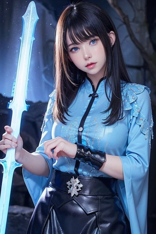 dark cave background、Watery blue eyes that glow in the dark、
((​masterpiece))、((top-quality))、beautiful girl with a cold face、Holds up a sword that emits blue light