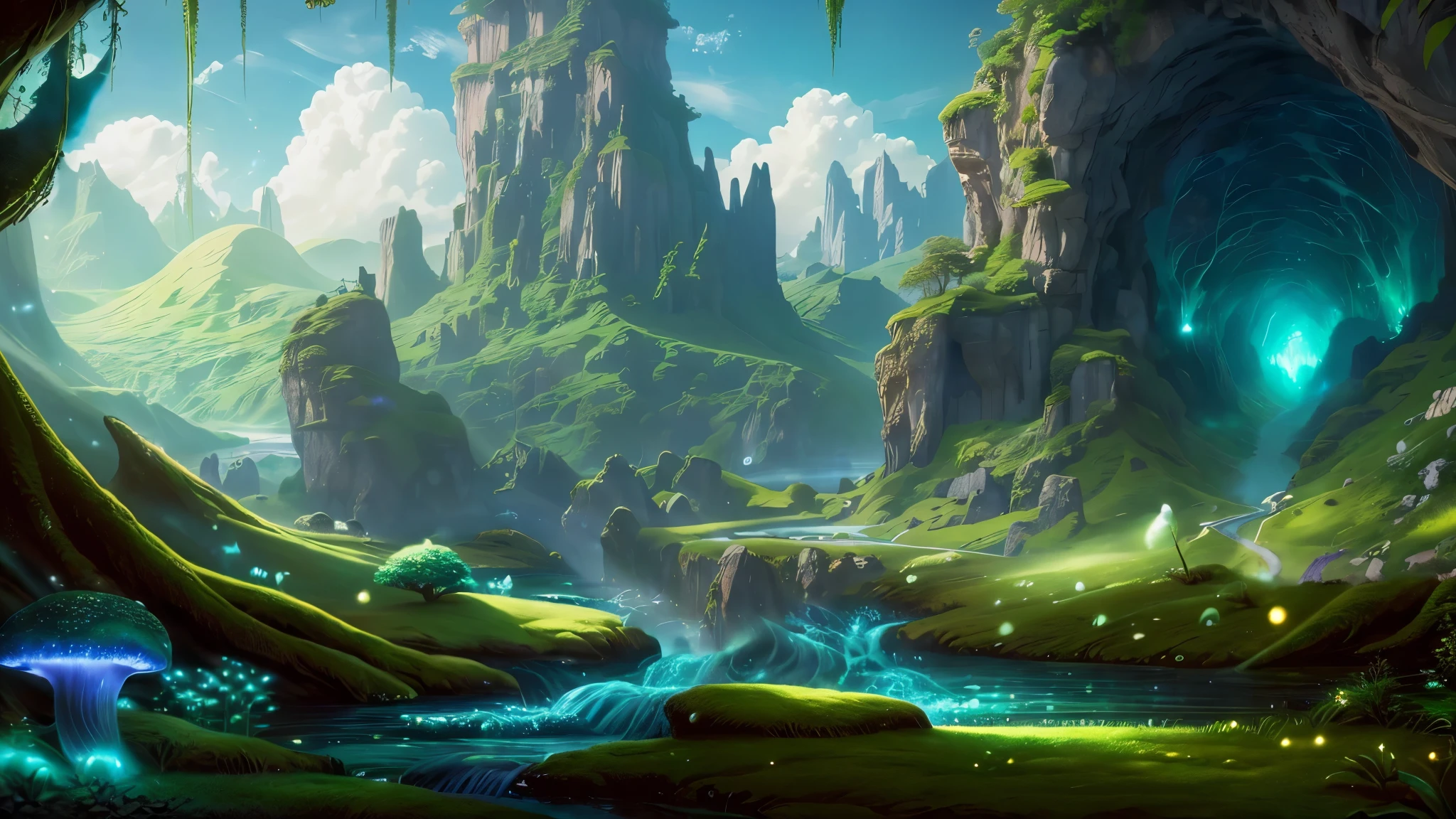 Masterpiece, best quality, 8k, panoramic view, enchanted forest, magical majestic trees, colorful mushrooms, serene rivers, glowing plants, ethereal atmosphere, ethereal light, fantastic creatures,