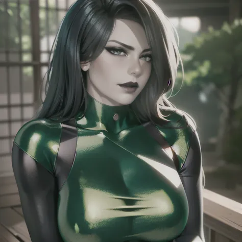 1girl, portrait of beautiful shegolady, green and black bodysuit, sexy smirk, blush, black lips, outdoors, volumetric lighting, ...