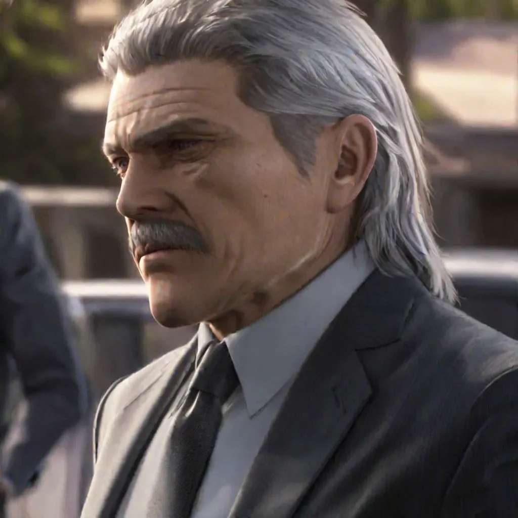(masterpiece, best quality:1.2), 1man, solo, grey hair, scar, suit and tie, grey hair, mullet