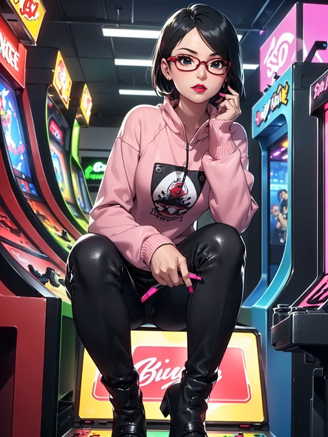 (1girl, solo, alone), (WakatsukiRisa, Sarada Uchiha, black hair, short hair, black eyes, red glasses), ((solo, (1woman, pink lipstick, black eyes), Extremely detailed, ambient soft lighting, 4k, perfect eyes, a perfect face, perfect lighting, a 1girl)), austere, ((red sweatshirt, sweatshirt with black details, Black pant, high boots, boots, boots with buckles, game store, arcade, video games, gaming house))