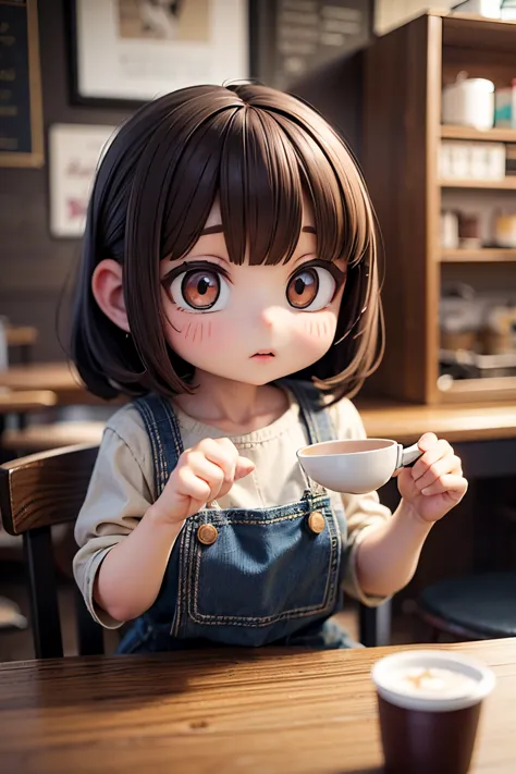 Photoreal、Chibi girl surprised to see artistic cafe latte art