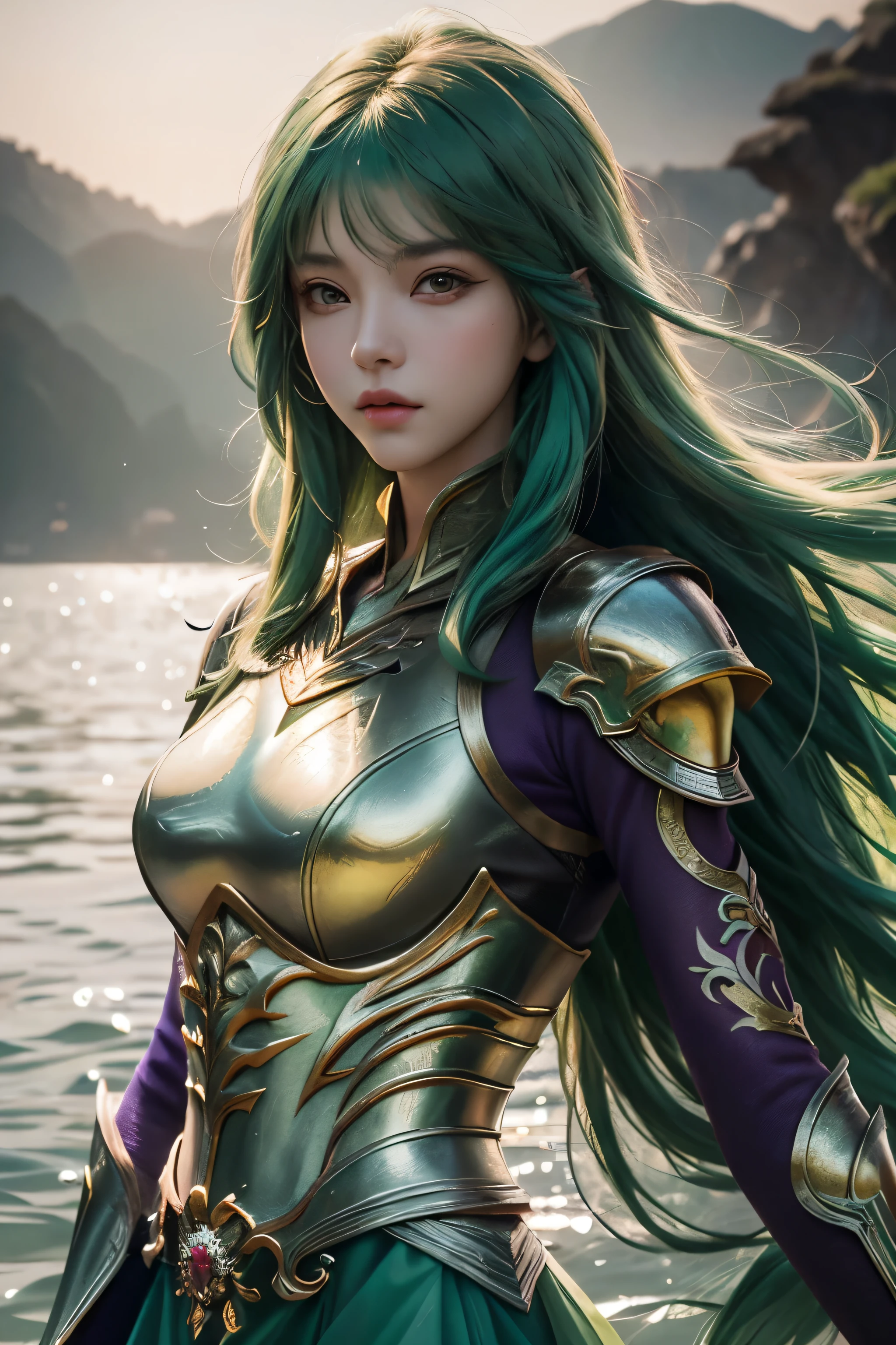 Beautiful woman with，Exuding the aura of fanatical power, Saint Seiya，Tiantuan, Purple and gold armor，Red long-sleeved dress，whole body，long skirt，token，Radiate brilliance，On the quiet lake，divine light,（masterpiece：1.4），（best quality：1.4），（beauty girl，Very rich facial details，short hair white hair， hair loose，luster， Bokeh， Ultra-detailed RAW quality, movie stills, 1 beautiful girl, cloud girl, Float on the water，close up, bright, happy, Warm and soft lighting, Sunset, (spark:0.7)，（Manipulate light），lifelike, High resolution, soft light,1 miss, keen vision, noble and inviolable temperament, (([miss]: 1.2 + [beauty]: 1.2 + long green hair: 1.2)), bright eyes, Purple tone pattern，purple light and shadow，clear beauty, beauty delicate eyes, Good 8KCG wallpaper, official art， super detailed， masterpiece， best quality，