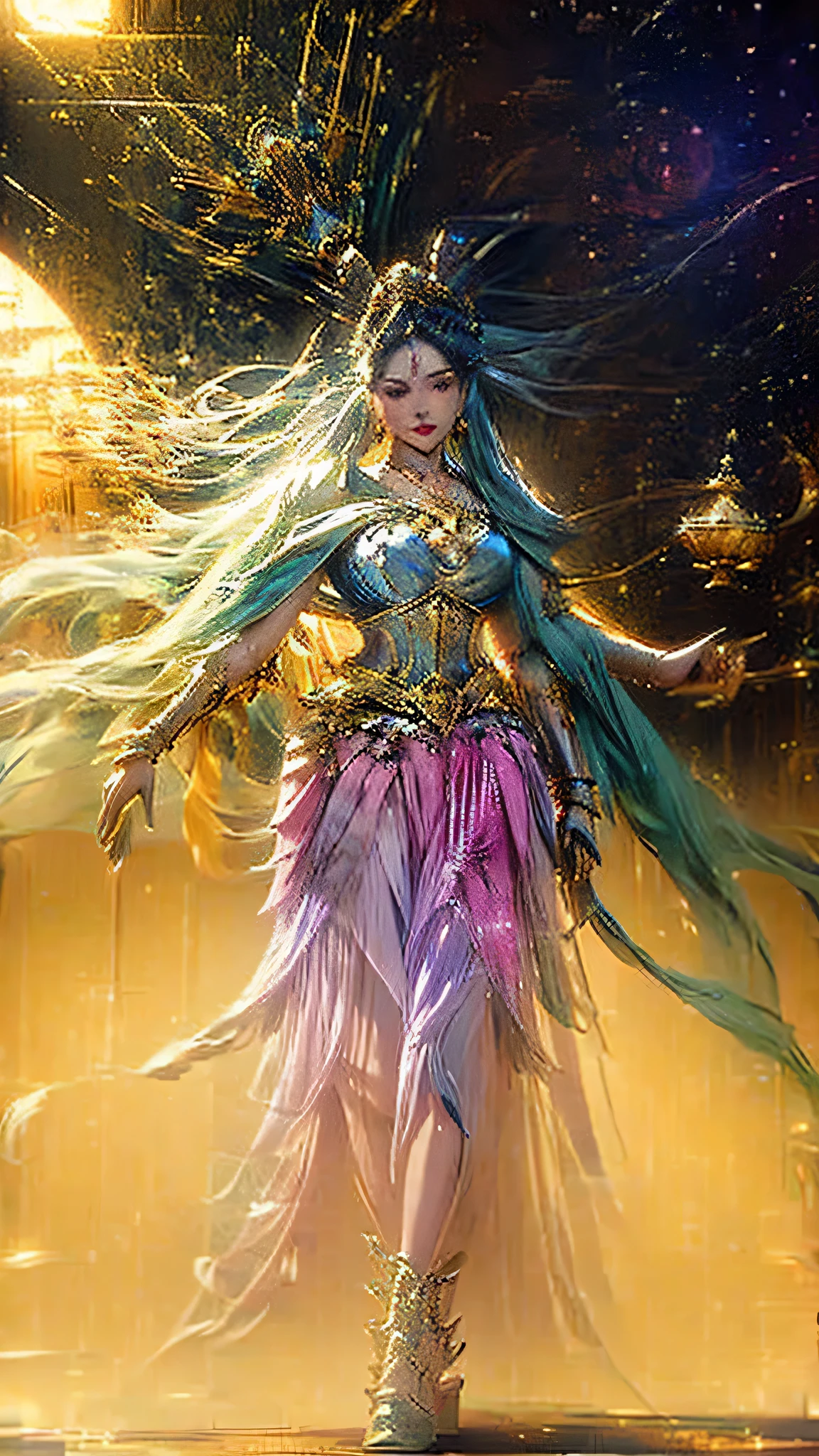 A full-body image of a female figure stands majestically, her posture denoting regality. She is adorned with a crown, a tiara that gleams under the light, embellished with diamonds and precious stones that shimmer brilliantly. Her hair, made of liquid silver, cascades in waves down her back, shimmering with the same divine light. She is clothed in a royal corset, supporting the voluminous flow of her skirt. The skirt, a curtain of silk, falls gracefully around her pelvis, adding to her air of divine femininity.