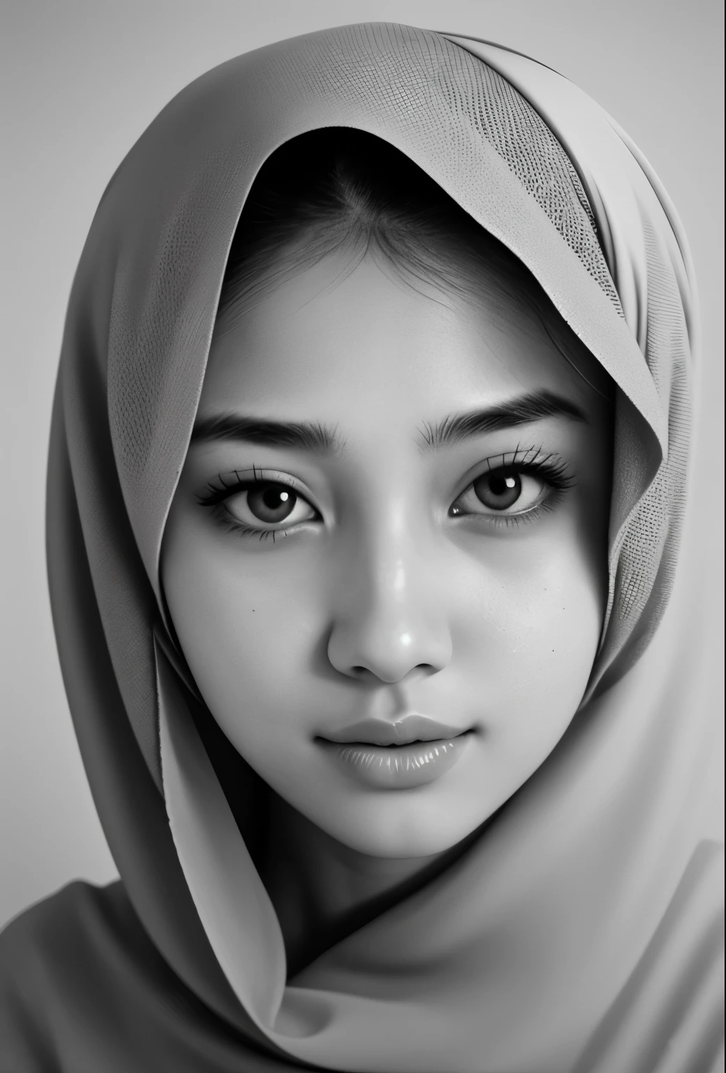 (Meilleure qualité, haute résolution), plein écran du visage d&#39;ange, FILLE MALAISIENNE HIJAB, yeux parfaits, Nez parfait, lèvres parfaites, traits du visage délicats et définis, lueur éthérée, éclairage doux et doux, Texture de peau impeccable, détails complexes, expression captivante, regard enchanteur, Un sourire subtil, fond fantaisiste, ambiance onirique, Couleurs monochromatiques, ombrage et hachures méticuleuses, coups de crayon complexes, représentation fascinante et réaliste, portrait d&#39;un réalisme à couper le souffle, composition artistique époustouflante