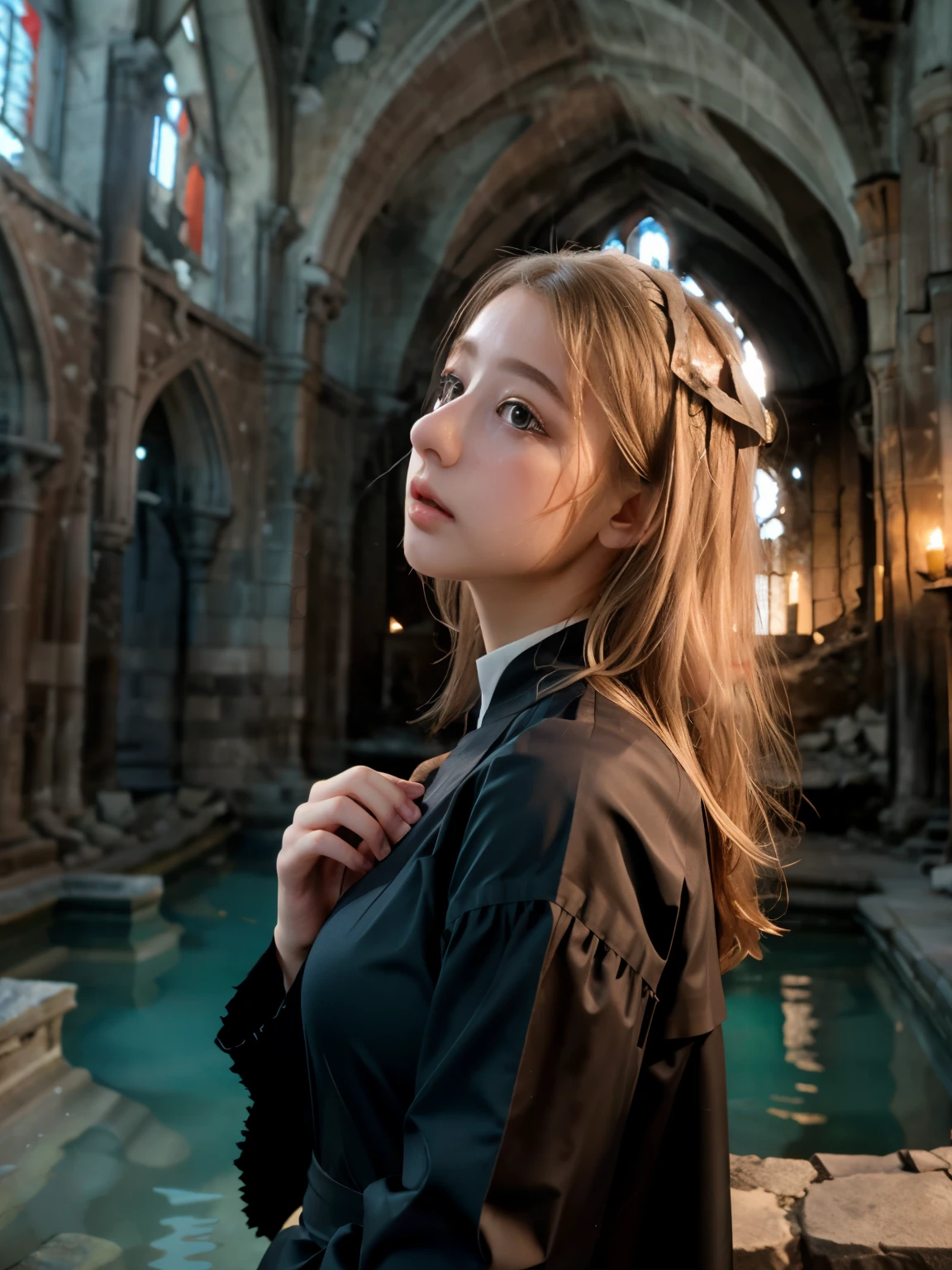 (4k), (highest quality), (best details), (realistic),cute french girl、whole body、blonde hair、wearing a cassock、Inside the submerged ruined chapel、pray、profile、very high nose