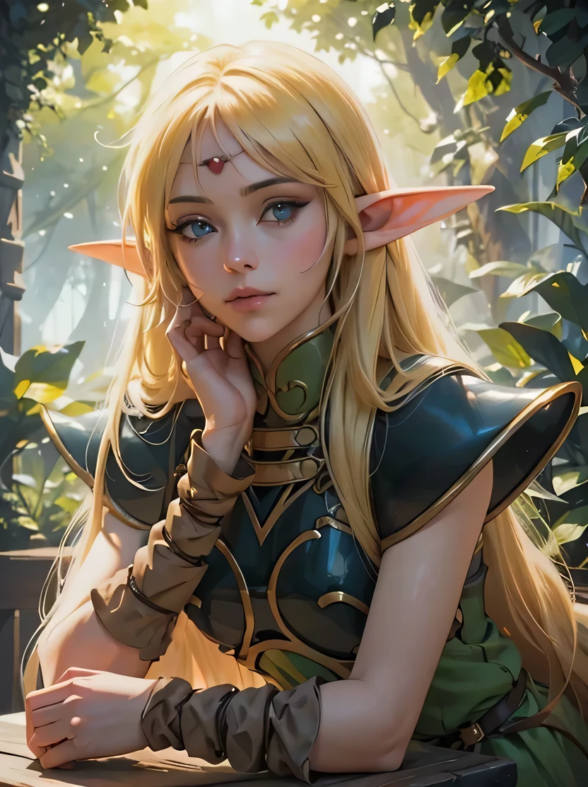 ((masterpiece、highest quality、Super detailed、High resolution、realistic、sharp focus))、three-fifths shot、face light、((very delicate and beautiful))、female elf、Deedlit、long blonde hair、round face、slender body shape、in the forest、Holding a thin sword、fantasy characters、view audience、Detailed hand depiction、Deedlit、ANI_CLASSIC_deedlit_ownwaifu、www.ownwaifu.com