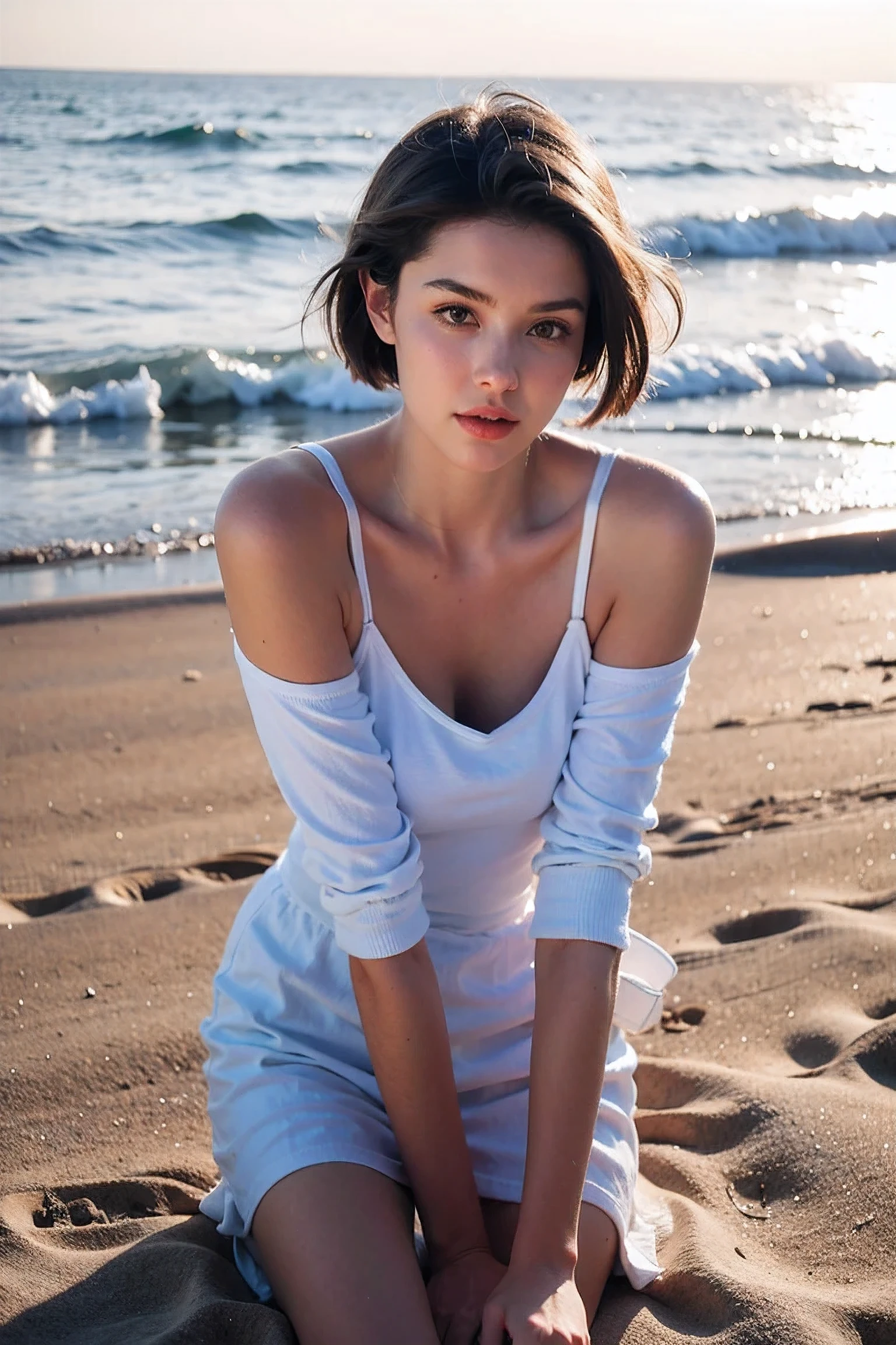 fotografía realista, Hermosa mujer joven ,cabello corto ,playa