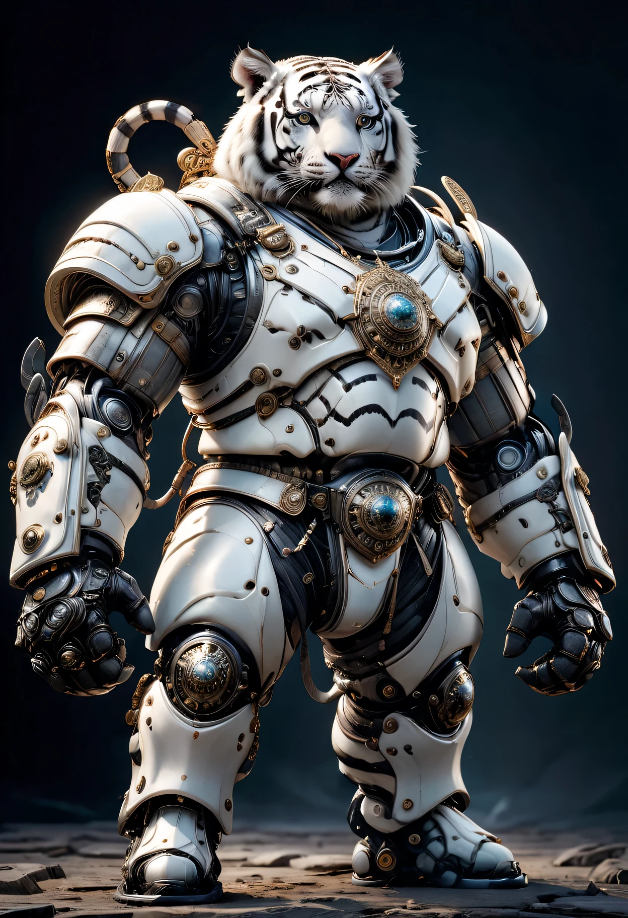 photorealistic portrait of Dressed animals - a ((fat)) white tiger warrior,(brave pose), high quality,(lovely) ,intricate detailed giant mechanical arms, highly detailed ((mechanical armor) ,,highly detailed decorations, , (brave), studio lighting,(full body image from head to toe:1.5)
