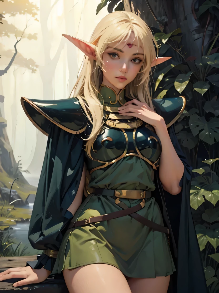 ((masterpiece、highest quality、Super detailed、High resolution、realistic、sharp focus))、cowboy shot、high contrast、 ((very delicate and beautiful))、female elf、Deedlit、long blonde hair、round face、green and white clothes、in the forest、fantasy characters、Detailed hand depiction、Deedlit、ANI_CLASSIC_deedlit_ownwaifu、www.ownwaifu.com