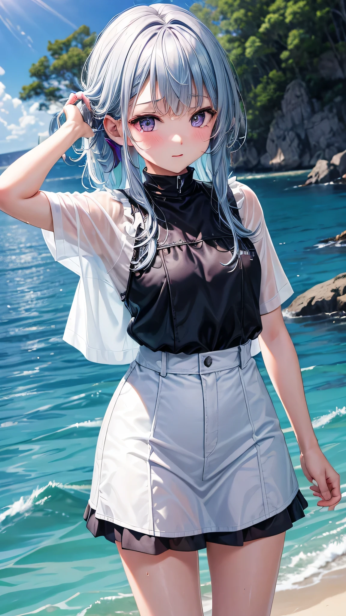 Anime girl with blue hair and white shirt standing on the beach - SeaArt AI