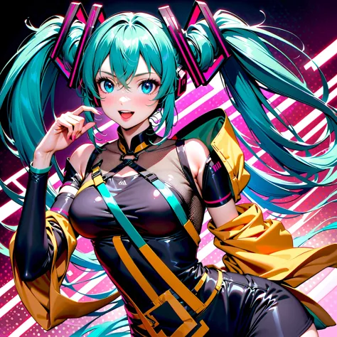 A high-quality, detailed portrait photograph featuring Hatsune Miku, the virtual idol, under vibrant neon lights with a futurist...