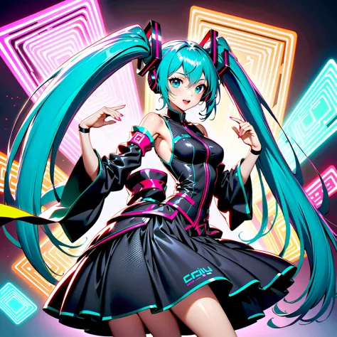 A high-quality, detailed portrait photograph featuring Hatsune Miku, the virtual idol, under vibrant neon lights with a futurist...