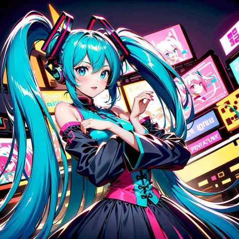 A high-quality, detailed portrait photograph featuring Hatsune Miku, the virtual idol, under vibrant neon lights with a futurist...