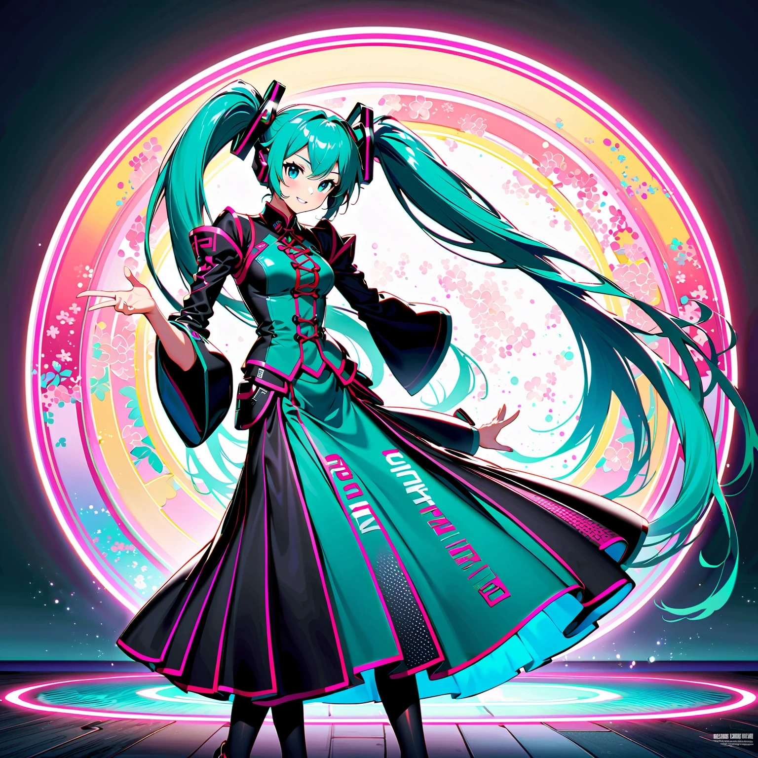 Una alta calidad, fotografía detallada de Hatsune Miku, el ídolo virtual, bajo vibrantes luces de neón con un diseño futurista. Capture sus dinámicos movimientos de baile y ritmos musicales., infundido con un ambiente tecnológico y compromiso interactivo. Incorporar elementos de la cultura fan y la cultura pop japonesa., junto con estilos tradicionales chinos de fantasía y anime., mostrando patrones intrincados y trajes elegantes. Apunta a una composición visualmente impactante que cuente una historia y refleje las tendencias artísticas de la fotografía contemporánea.. Mejora los colores y texturas para darle vida a Hatsune Miku., manteniendo un aspecto realista y auténtico