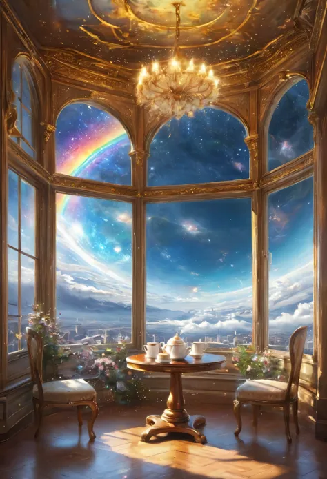 universeのカフェ、beautiful天使が白いアンティーク調の椅子に座って紅茶を飲んでいます、universe、star、Spectacular満月、window、Tea cup、cake、bright、Spectacular、beautiful、masterpiece、惑star、heaven、rainbow light、peace、perfect lighting、Shining with the sacredness of heavenly splendor、fantastic shine、f...