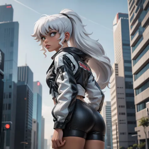 black girl, white hair, ponytail, bulky body, cyberpunk city
