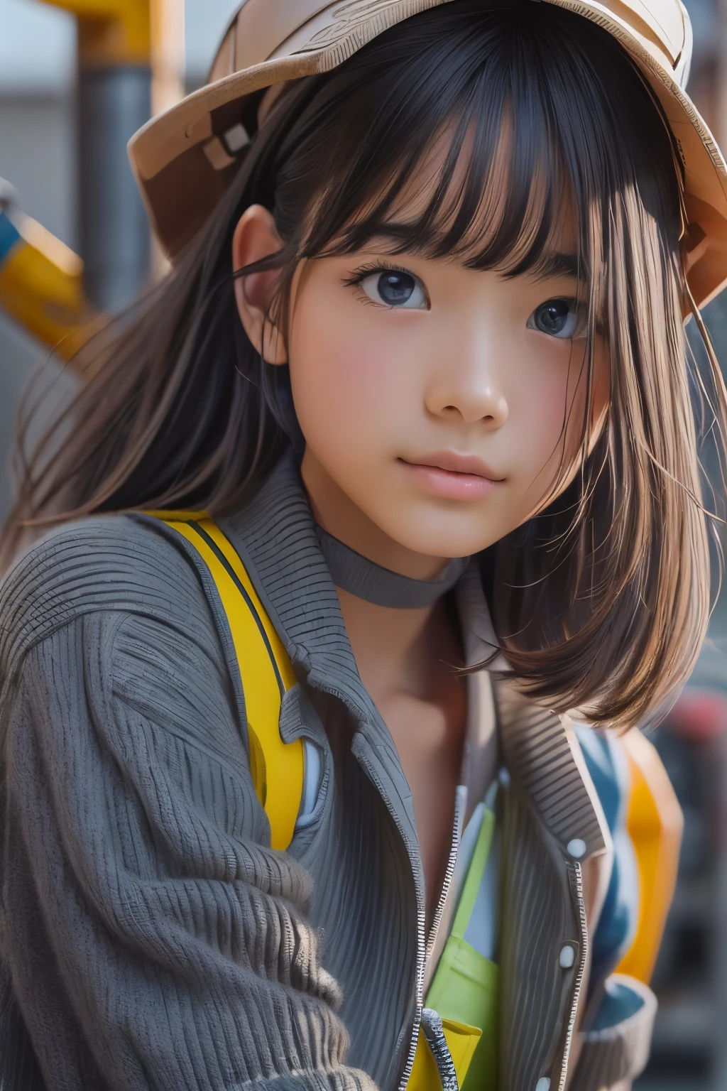 ((sfw: 1.4)),((detailed face, professional photography)), ((sfw, construction worker outfit, pulled back hair, 1 Girl)), Ultra High Resolution, (Realistic: 1.4), RAW Photo, Best Quality, (Photorealistic Stick), Focus, Soft Light, (20 years old)), ((Japanese)), (( (young face))), (surface), (depth of field), masterpiece, (realistic), woman, bangs, ((1 girl))