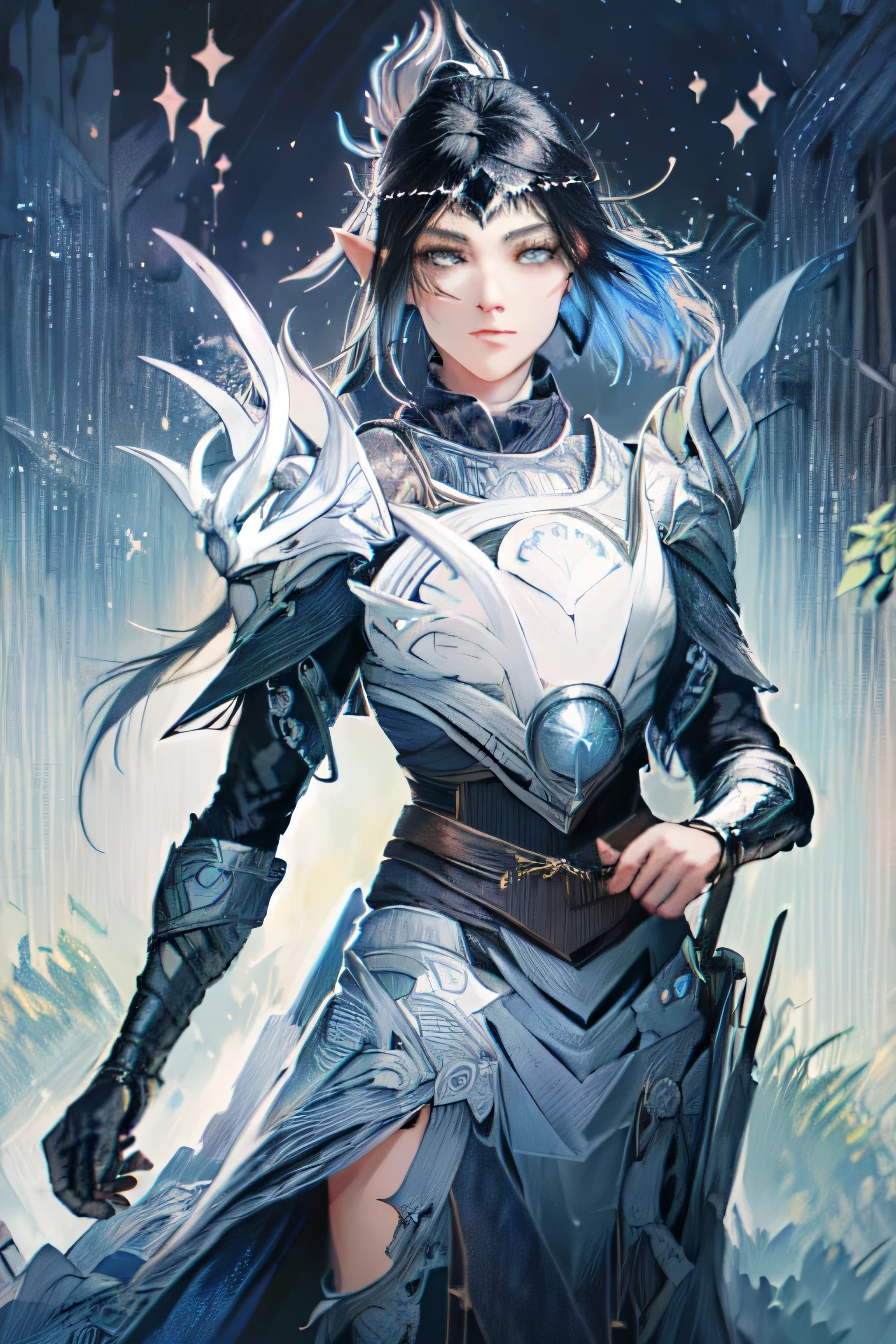 (best quality,4k,8k,highres,masterpiece:1.2),detailed mysterious girl,black long hair,wearing a silver armor,pointed ears,holding a bow and arrow,enchanted forest background,vibrant colors,soft glowing light,hint of magical aura,ethereal atmosphere,subtle mist,delicate foliage,serene and mystical ambiance,intricate details,sparkling eyes,mysterious smile,powerful stance,graceful posture,fluid movements,fantasy art style