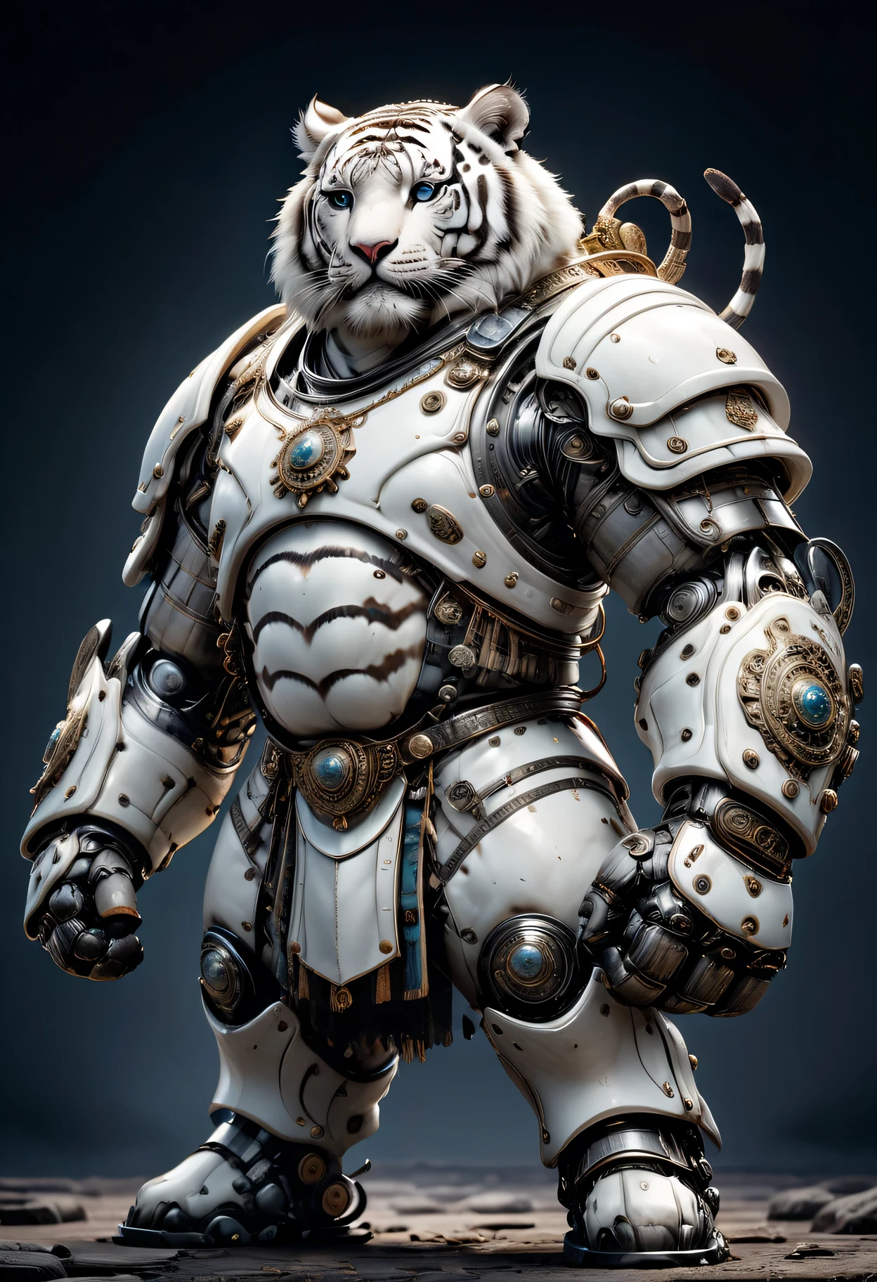 photorealistic portrait of Dressed animals - a ((fat)) white tiger warrior,(brave pose), high quality,(lovely) ,intricate detailed giant mechanical arms, highly detailed ((mechanical armor) ,,highly detailed decorations, , (brave), studio lighting,(full body image from head to toe:1.5)
