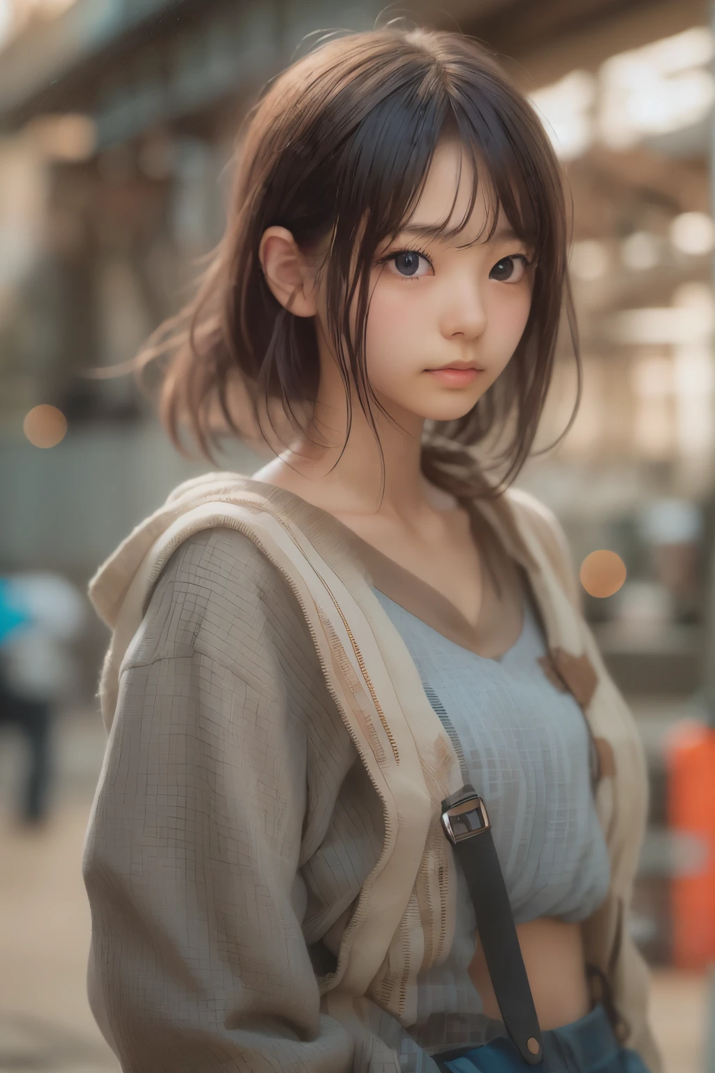 ((sfw: 1.4)),((detailed face, professional photography)), ((sfw, construction worker outfit, pulled back hair, 1 Girl)), Ultra High Resolution, (Realistic: 1.4), RAW Photo, Best Quality, (Photorealistic Stick), Focus, Soft Light, ((20 years old)), ((Japanese)), (( (young face))), (surface), (depth of field), masterpiece, (realistic), woman, bangs, ((1 girl))