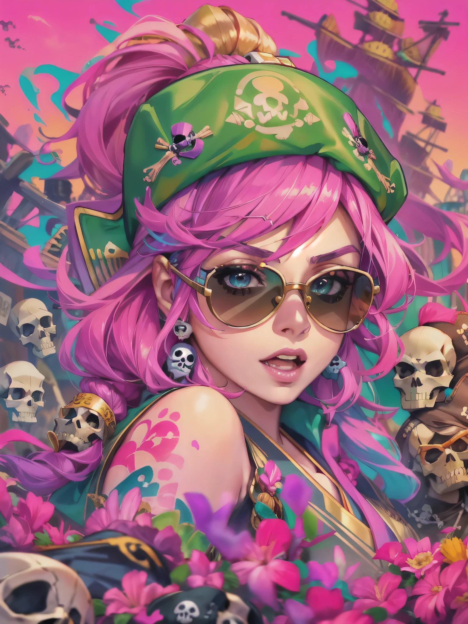 official art，unity 8k wallpaper，Super detailed，Works by stars of the beauty and esthetics industry，highest quality，（and colorful graffiti walls），1 girl，(((super cute girl)))、pink hair，green eyes，very detailed，dynamic angle，Pirate Shots，the most beautiful form of chaos，elegant，beastly design，bright colors，romanticism，(((The strongest pirate girl in history)))，(((Japanese)))、Horikita Maki、((Stylish sunglasses))、(stylish cap)、(((skull fashion)))、white skin、small breasts, (((colorful doodle art))), colorful flowers、colorful hair, provocative