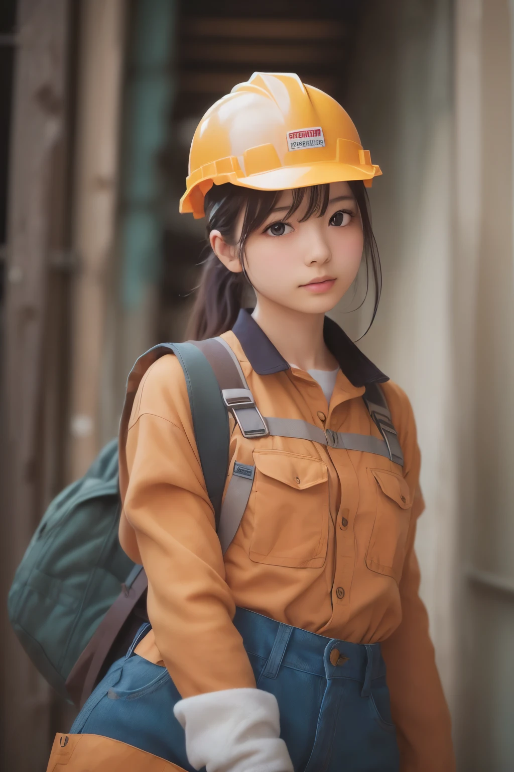 ((sfw: 1.4)),((detailed face, professional photography)), ((sfw, construction worker outfit, pulled back hair, 1 Girl)), Ultra High Resolution, (Realistic: 1.4), RAW Photo, Best Quality, (Photorealistic Stick), Focus, Soft Light, ((20 years old)), ((Japanese)), (( (young face))), (surface), (depth of field), masterpiece, (realistic), woman, bangs, ((1 girl))