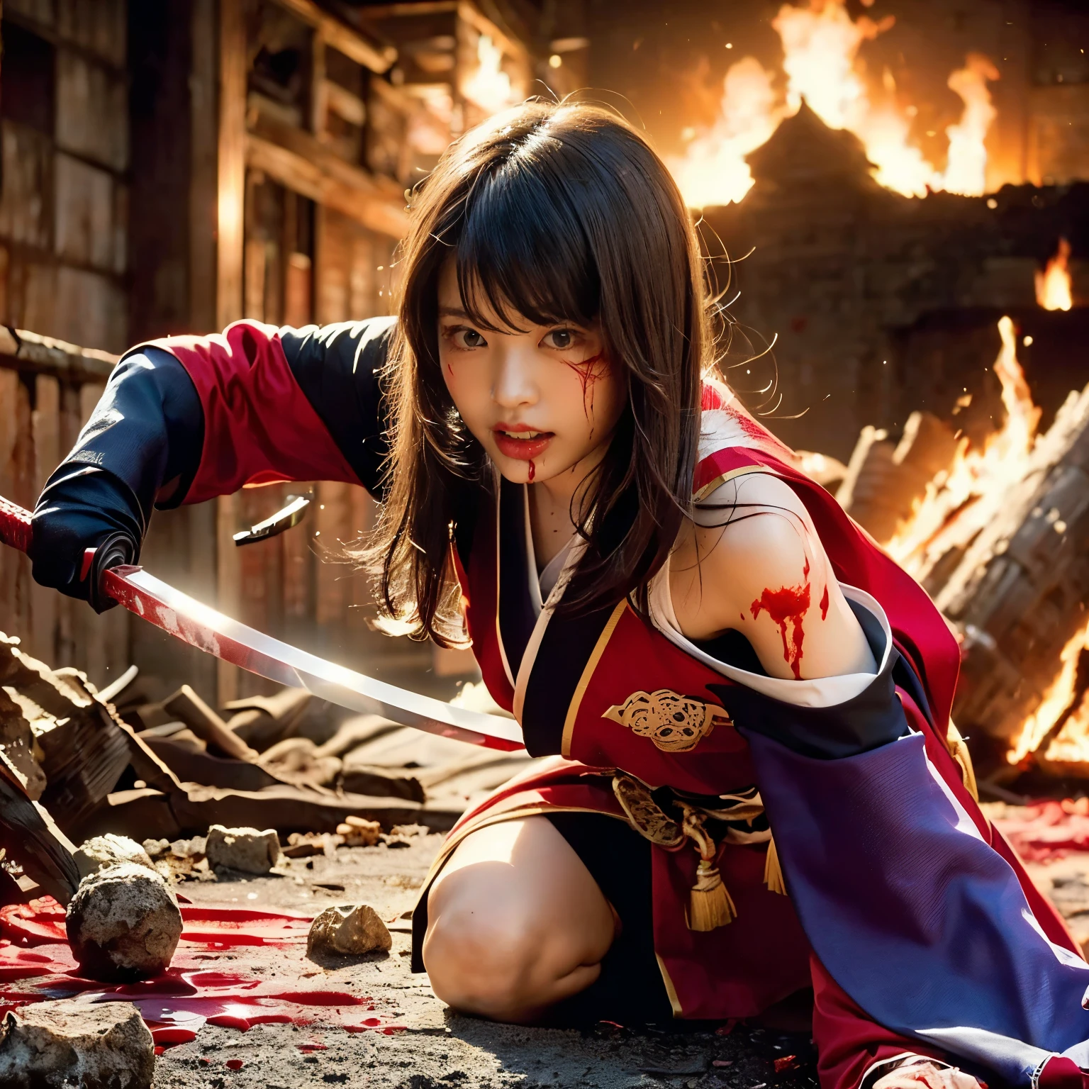 (((Realistic, masterpiece, best quality, crisp detail, high definition, high detail, rich detail, sharp focus, colorful, perfect studio lightning))), 20 years old assassin,((( in the middle of a war, kasumi arimura, severely wounded, slashed, attack stance, swinging katana))), wearing (((fully decorated golden armor, armored kimono, blood scattered face, blood tears, blood bath, blood shed))), (((fire everywhere, blood everywhere, death everywhere, japan bakumatsu period, dead bodies,carcass,burned japanese castle,hellish,chaos)) traditional village background)