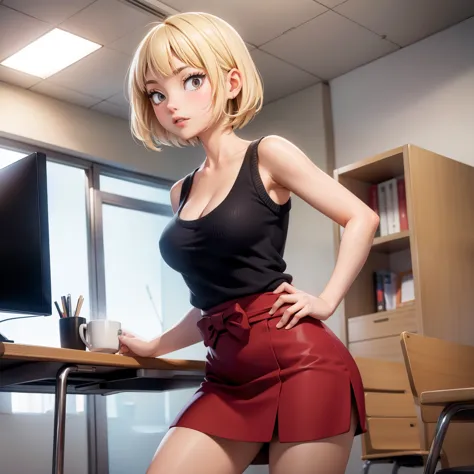 Japanese blonde, middle aged, short hair, mini dress skirt, sleeveless sweater, cleavage, office