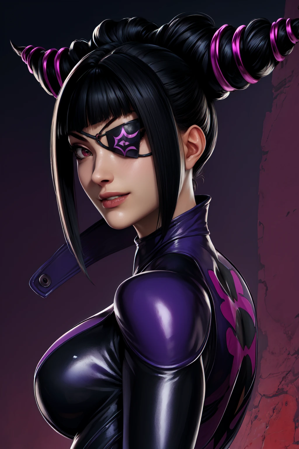 Juri , black hair,two-tone hair, hair horns, purple eyes, eyepatch,  
bodysuit, clothing cutout, 
standing, upper body, evil smile, 
night club,
(insanely detailed, beautiful detailed face,beautiful detailed eyes, masterpiece, best quality) , solo, dinamic poses, shinning eyes, backwards, looking back, portrait