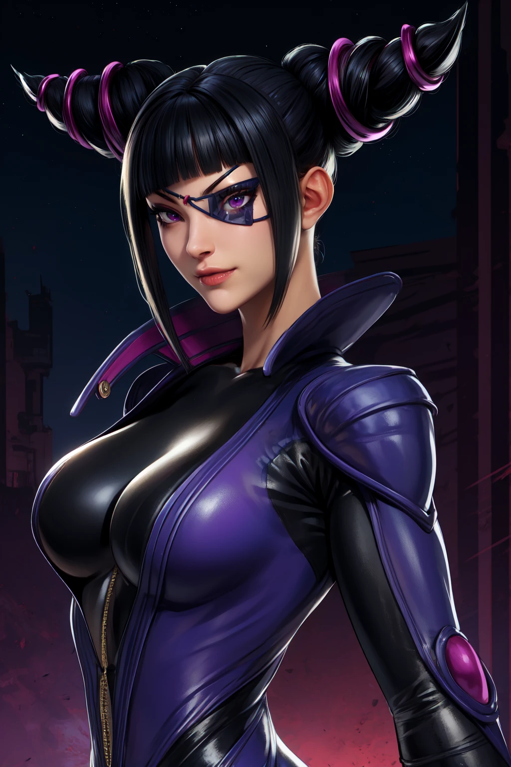 Juri , black hair,two-tone hair, hair horns, purple eyes, eyepatch,  
bodysuit, clothing cutout, 
standing, upper body, evil smile, 
night club,
(insanely detailed, beautiful detailed face,beautiful detailed eyes, masterpiece, best quality) , solo, dinamic poses, shinning eyes, backwards, looking back, portrait