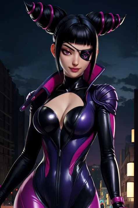 Juri , black hair,two-tone hair, hair horns, purple eyes, eyepatch,  
bodysuit, clothing cutout, 
standing, upper body, evil smi...