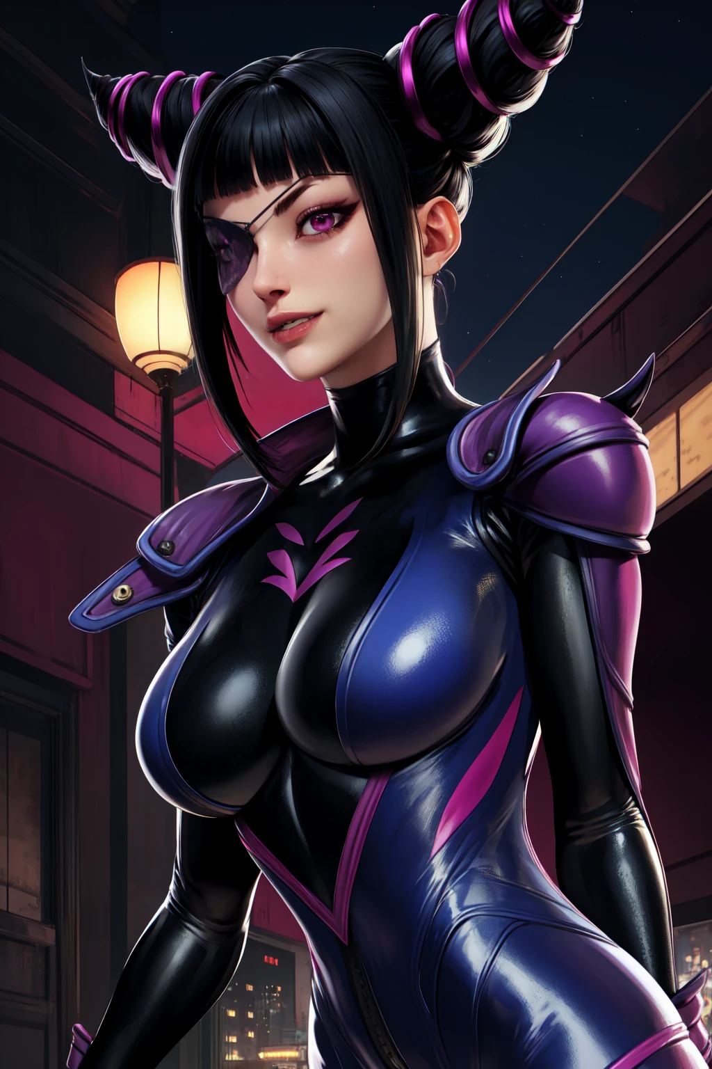 Juri , black hair,two-tone hair, hair horns, purple eyes, eyepatch,  
bodysuit, clothing cutout, 
standing, upper body, evil smile, 
night club,
(insanely detailed, beautiful detailed face,beautiful detailed eyes, masterpiece, best quality) , solo, dinamic poses, shinning eyes, walking, laying, sitiing, dinamic poses