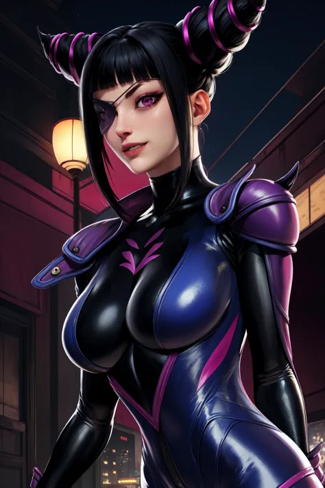 Juri , black hair,two-tone hair, hair horns, purple eyes, eyepatch,  
bodysuit, clothing cutout, 
standing, upper body, evil smi...