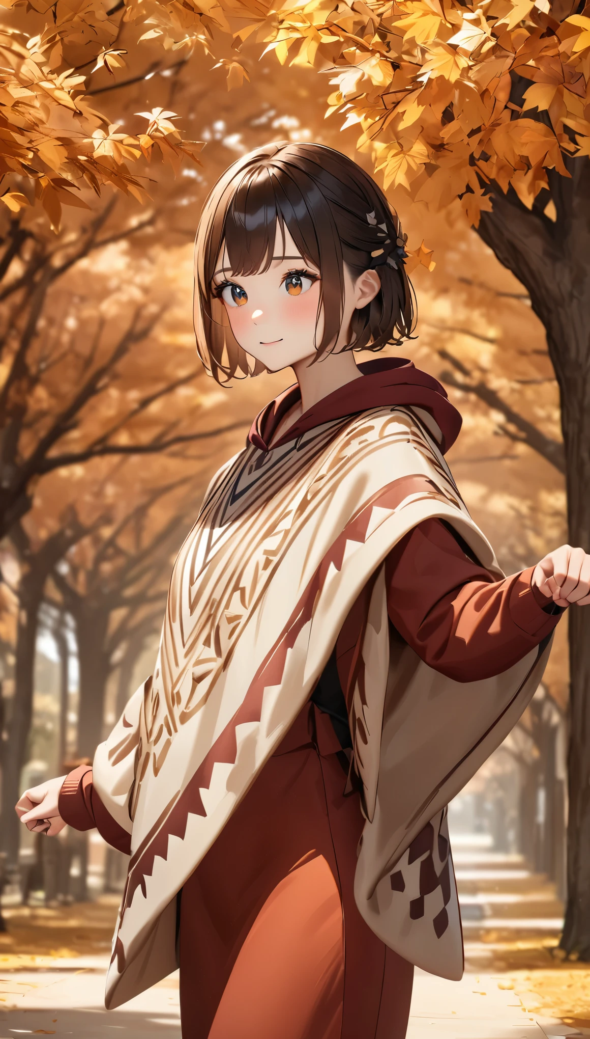 one girl、perfect anatomy、correct human body、layered haircut、wavy short hair、cute face woman、perfect beauty、Natural color poncho style hoodie、silence、white wall、autumn tree々々々々々々、White world and trees with autumn leaves々々々々々々、simplified background、natural soft light、born、Photoreal、最high quality、real stick、high quality、High level image quality、random pose