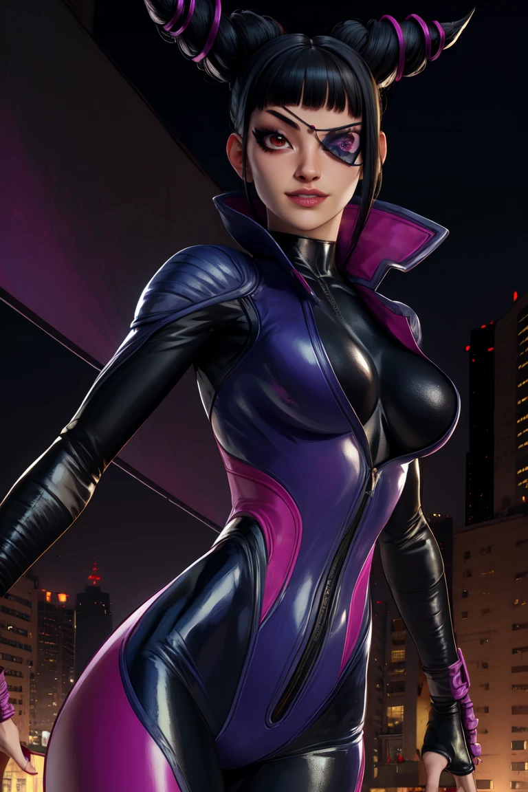 Juri , black hair,two-tone hair, hair horns, purple eyes, eyepatch,  
bodysuit, clothing cutout, 
standing, upper body, evil smile, 
night club,
(insanely detailed, beautiful detailed face,beautiful detailed eyes, masterpiece, best quality) , solo, dinamic poses, shinning eyes, walking, laying, sitiing, dinamic poses