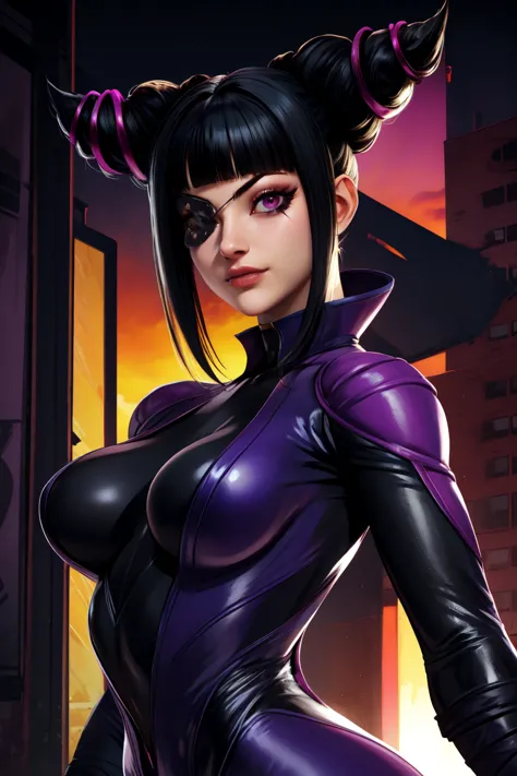 Juri , black hair,two-tone hair, hair horns, purple eyes, eyepatch,  
bodysuit, clothing cutout, 
standing, upper body, evil smi...